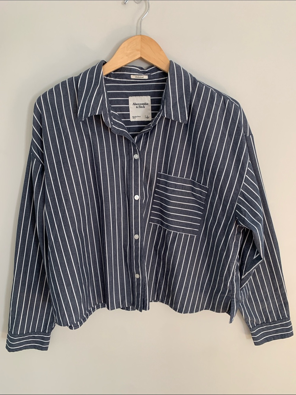 Abercrombie & Fitch Oversized Cropped Poplin Striped Button Up Shirt Grey Large